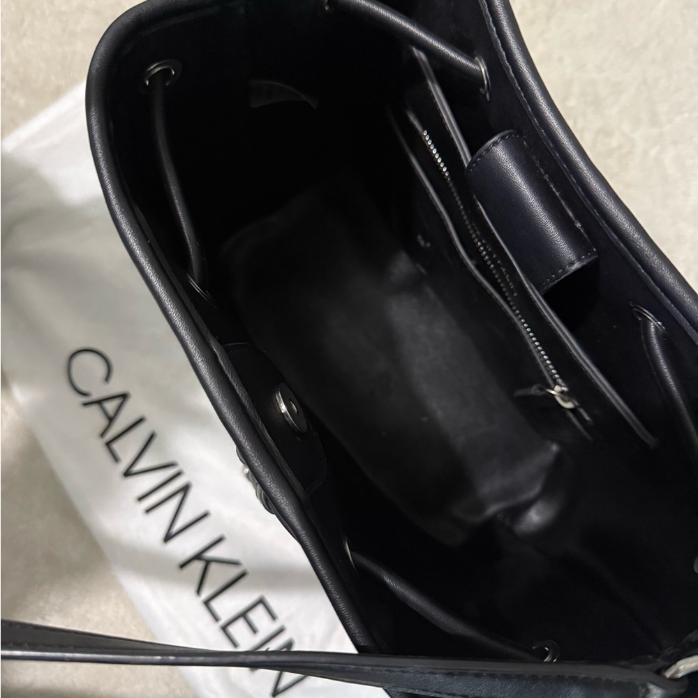 Calvin Klein Black and Cream Shoulder Bag with Drawstring Detail - Picture 2 of 3